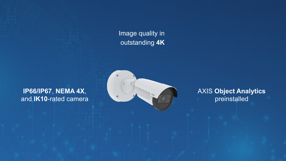 AXIS P1468-LE 6MP bullet camera with deep learning analytics, 4K imaging, and IP67 rating, available from Winncom Technologies.