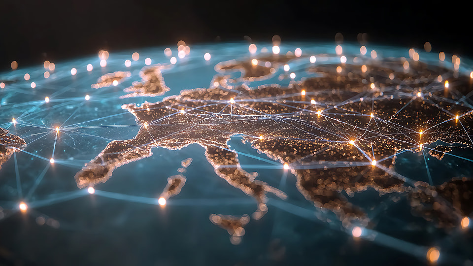 Digital map of Europe illuminated with glowing network connections, symbolizing global data connectivity.