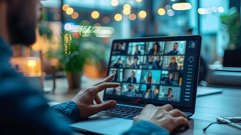 Man attending online video conference call on desktop computer in modern office setting.