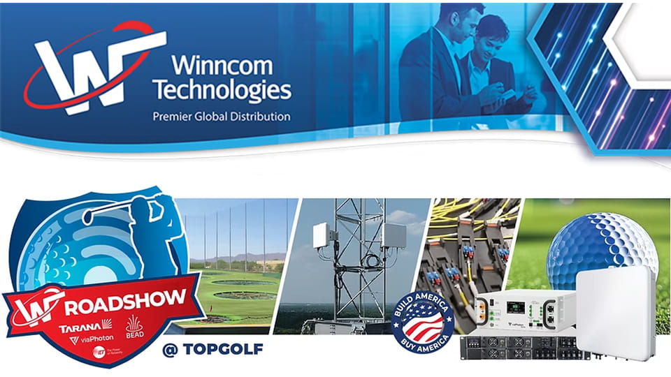 Winncom Technologies Roadshow banner featuring wireless solutions, equipment, and Topgolf event promotion.