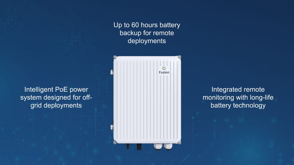 The Fuzion FTP-300 is a durable solar charged power solution with PoE in a small form factor ideal for Wi-Fi hotspots, microwave radios, cellular gateways, surveillance cameras 