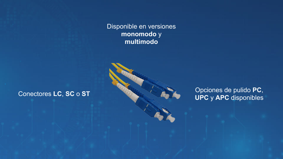 Cables de conexión de fibra óptica para interiores con conectores LC, diseñados para aplicaciones monomodo y multimodo.