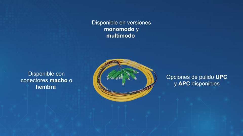 Pigtails de fibra óptica para interiores con conectores SC, disponibles en versiones monomodo y multimodo para aplicaciones de empalme.