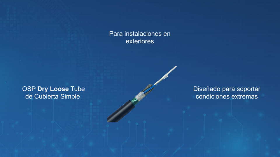 Cable de fibra óptica OSP para exteriores con diseño de tubo holgado seco, disponible en versiones armadas y no armadas.