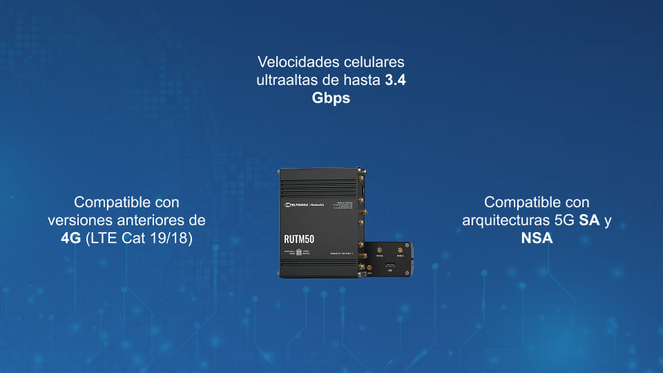 Router 5G Teltonika RUTM50 con doble SIM, Auto-Failover, WAN de respaldo, compatibilidad con redes 5G SA y NSA, y retrocompatibilidad con 4G LTE Cat 19/18.