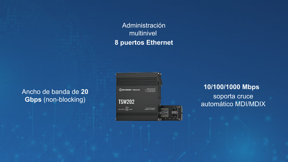 Switch Ethernet administrable Teltonika TSW202 con PoE+, 8 puertos Gigabit, 2 puertos SFP, compatibilidad con Profinet y hasta 30 W PoE por puerto.