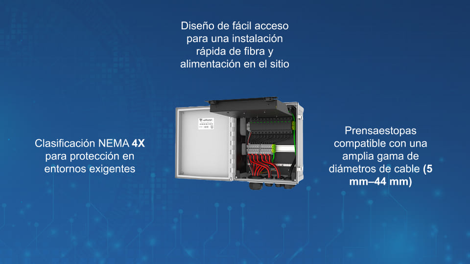 Caja híbrida para exteriores viaPhoton para montaje en torre con diseño de bandeja abatible, acceso a fibra, protección contra sobretensiones y resistente carcasa con clasificación NEMA 4X.
